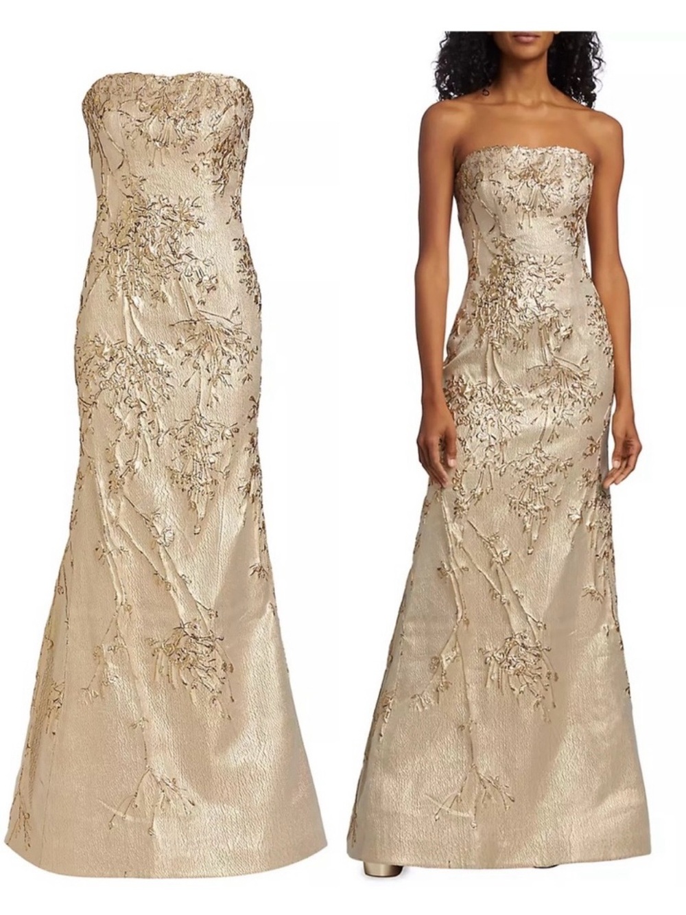 $1850 Rene Ruiz Strapless Floral Embroidered Gown in Champagne size 8